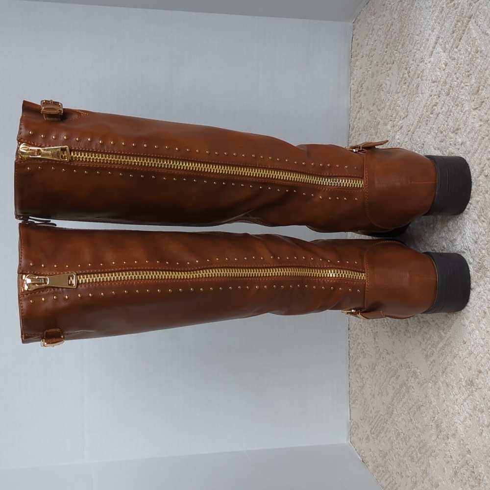 Dream Pairs Intruder-3 Stud Embellished Heeled Tall Boots 9.5 Brown Full Zipper - Picture 7 of 16